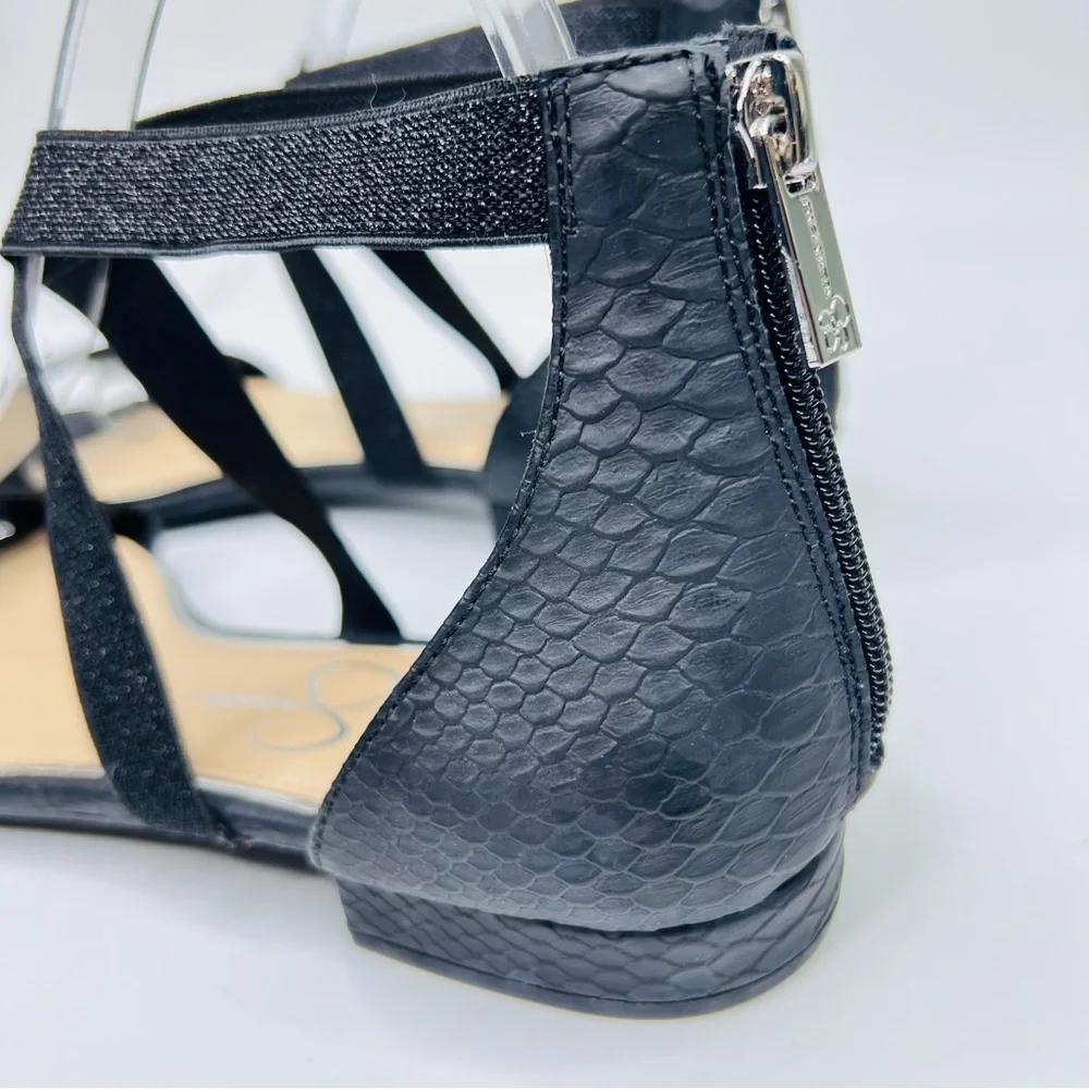 Jessica Simpson Aimlee Black /Silver Ankle Strap Block Low Heel Dressy Sandal